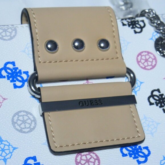 NEW Guess Greta Tote Handbag White Multi Logo Print Faux Leather Tan Trim Studde - Picture 9 of 10